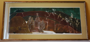 Grafika artystyczna na ścianę. Technika mieszana, kolorowa, sygnowana 26,0 x 69,0 cm - ŁEMKOWSKA BAJKA II, Seria A