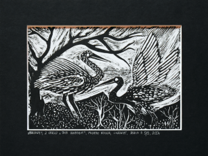 Grafika artystyczna na ścianę, Linoryt czarno-biały sygnowany 15,0 x 21,5 cm - BOCIANY Z CYKLU TATA DZIECIOM