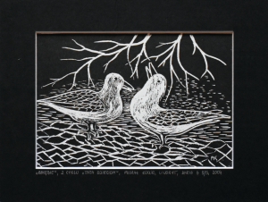 Grafika artystyczna na ścianę, Linoryt czarno-biały sygnowany 15,5 x 21,0 cm - GOŁĘBIE Z CYKLU TATA DZIECIOM