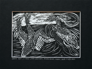 Grafika artystyczna na ścianę, Linoryt czarno-biały sygnowany 15,0 x 21,5 cm - DZIKIE GĘSI Z CYKLU TATA DZIECIOM
