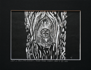 Grafika artystyczna na ścianę, Linoryt czarno-biały sygnowany 17,5 x 24,5 cm - SOWA Z CYKLU TATA DZIECIOM