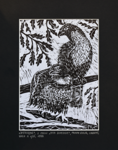 Grafika artystyczna na ścianę, Linoryt czarno-biały sygnowany 15,0 x 21,0 cm - JASTRZĘBIE Z CYKLU TATA DZIECIOM