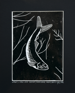 Grafika artystyczna na ścianę, Linoryt czarno-biały sygnowany 15,5 x 21,0 cm  - RYBKA  Z CYKLU TATA DZIECIOM