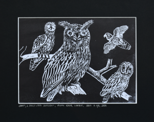 Grafika artystyczna na ścianę, Linoryt czarno-biały sygnowany 17,5 x 24,0 cm - SOWY Z CYKLU TATA DZIECIOM
