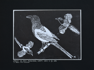 Grafika artystyczna na ścianę, Linoryt czarno-biały sygnowany 18,0 x 24,5 cm - PIERWSZY LOT SROK Z CYKLU TATA DZIECIOM