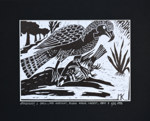 Grafika artystyczna na ścianę, Linoryt czarno-biały sygnowany 15,0 x 20,5 cm - PTASZYSKO Z CYKLU TATA DZIECIOM