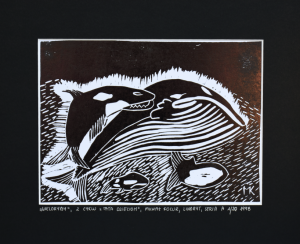 Grafika artystyczna na ścianę, Linoryt czarno-biały sygnowany 15,5 x 21,0 cm - WIELORYBY Z CYKLU TATA DZIECIOM 