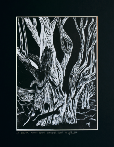 Grafika artystyczna na ścianę, Linoryt czarno-biały sygnowany 18,0 x 24,5 cm - PO BURZY