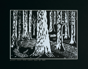 Grafika artystyczna na ścianę, Linoryt czarno-biały sygnowany 17,5 x 24,5 cm - W LESIE