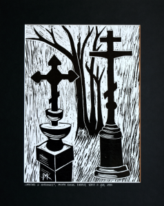 Grafika artystyczna, Linoryt czarno-biały sygnowany 29,5 x 21,5 cm - CMENTARZ W HAŃCZOWEJ