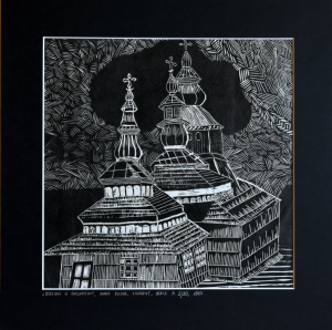 Grafika artystyczna, Linoryt czarno-biały sygnowany 29,5 x 29,5 cm - CERKIEW W OWCZARACH