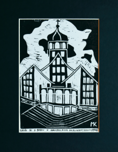 Grafika artystyczna, Linoryt czarno-biały sygnowany 15,0 x 21,5 cm - KOŚCIÓŁ ŚW. ANDRZEJA BOBOLI W GORLICACH