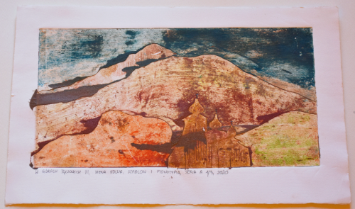 Grafika artystyczna na ścianę, Monotypia kolorowa, praca sygnowana, W górach tęczowych VI_Seria A 1 przez 3.png