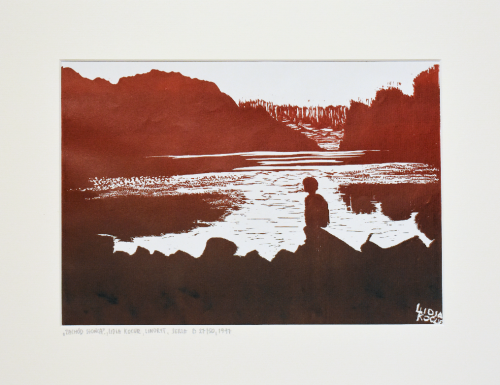 Grafika artystyczna na ścianę, Linoryt czarno-biały sygnowany 20,5 x 29-5 cm - Zachód słońca, Seria B 27/50, passe-partout ecru.png