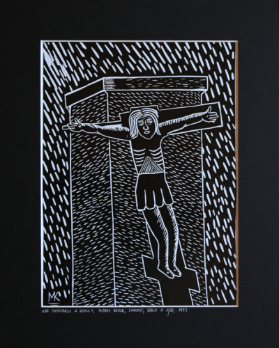 Grafika artystyczna na ścianę, Linoryt czarno-biały, praca sygnowana, Na cmentarzu w Zdyni.png