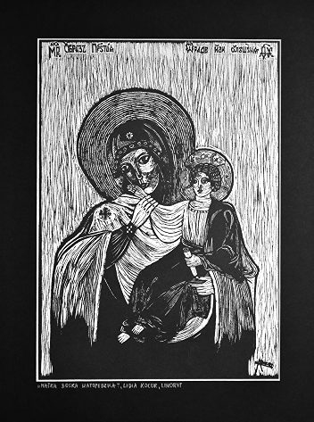 Grafika artystyczna na ścianę, Linoryt czarno-biały sygnowany 42,0 x 30,0 cm - Ikona Matki Boskiej Watopedzkiej, passe-partout czarne.png