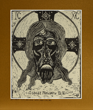 Grafika artystyczna na ścianę, Linoryt czarno-biały sygnowany 29,5 x 24,0 cm - Ikona Jezus Chrystus - całun, passe-partout złote.png