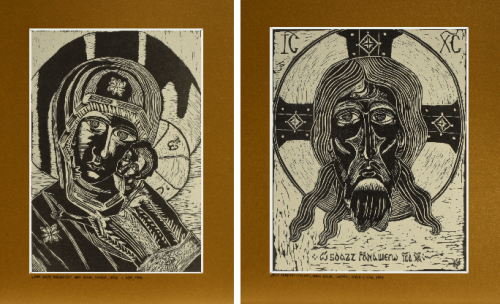 Grafika artystyczna na ścianę, Linoryt czarno-biały sygnowany 29,5 x 24,0 cm - Ikona Jezus Chrystus - całun, passe-partout złote - Zestaw.png