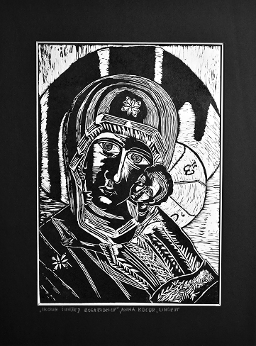 Grafika artystyczna na ścianę, Linoryt czarno-biały sygnowany 30,0 x 21,0 cm - Ikona Świętej Bogarodzicy, passe-partout czarne.png