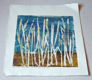 Grafika artystyczna na ścianę. Monotypia kolorowa sygnowana 28,0 x 28,0 cm - KOJĄC ZMYSŁY