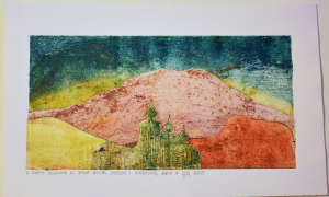 Grafika artystyczna na ścianę. Szablon i monotypia kolorowa sygnowana 16,0 x 32,0 cm - W GÓRACH TĘCZOWYCH X