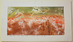 Grafika artystyczna na ścianę. Szablon i monotypia kolorowa sygnowana 16,0 x 32,0 cm - POD OSŁONĄ CHMUR I
