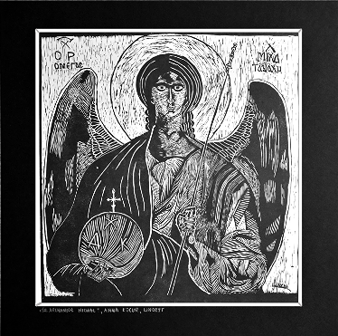 Grafika artystyczna na ścianę, Linoryt czarno-biały sygnowany 32,5 x 31,0 cm - Ikona Św. Archanioł Michał, passe-partout czarne.png