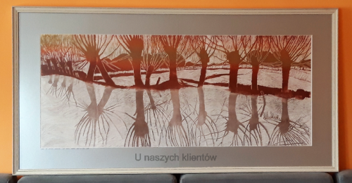 Grafika artystyczna na ścianę, Linoryt kolorowy sygnowany 52,5 x 125,0 cm - LUDZIE JAK WIERZBY ROSOCHATE