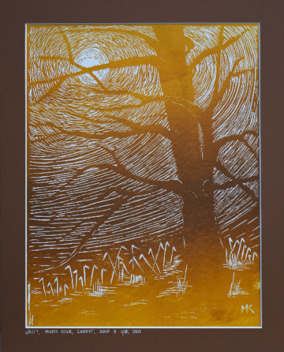 Grafika artystyczna na ścianę, Linoryt czarno-biały, praca sygnowana, Świt, passe-partout brązowe.png