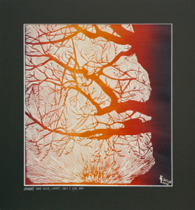 Grafika artystyczna na ścianę, Linoryt kolorowy sygnowany 32,0 x 29,0 cm - STAROŚĆ
