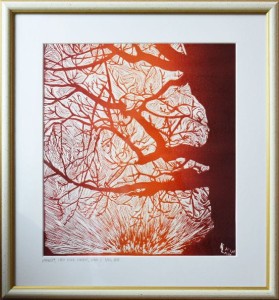 Grafika artystyczna na ścianę, Linoryt kolorowy sygnowany 32,0 x 29,0 cm - STAROŚĆ