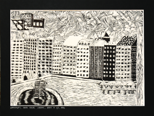 Grafika artystyczna na ścianę, Linoryt czarno-biały sygnowany 26,0 x 36,0 cm - WARSZAWA