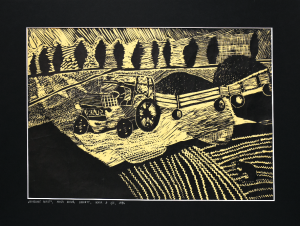 Grafika artystyczna na ścianę, Linoryt czarno-biały sygnowany 29,0 x 41,5 cm - WIOSENNE PRACE