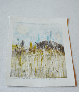 Grafika artystyczna na ścianę. Monotypia kolorowa sygnowana 29,0 x 20,5 cm - KŁOSOWISKO V