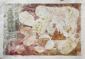 Grafika artystyczna na ścianę. Szablon i monotypia kolorowa sygnowana 33,5 x 47,5 cm -  WSPOMNIENIE GÓR I