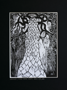 Grafika artystyczna na ścianę, Linoryt czarno-biały sygnowany 18,0 x 24,5 cm - SAMOTNOŚĆ