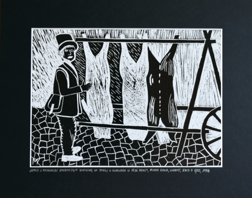 Grafika artystyczna na ścianę, Linoryt czarno-biały, praca sygnowana, Łemko z Rychwałdu sprzedający baraninę na targu w Gorlicach w 1936 roku.png