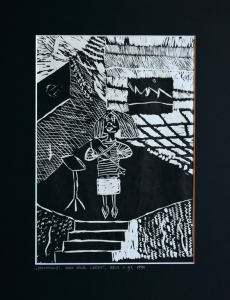 Grafika artystyczna na ścianę, Linoryt czarno-biały sygnowany 20,5 x 29,5 cm - SKRZYPACZKA