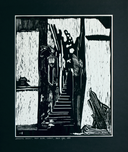 Grafika artystyczna na ścianę, Linoryt czarno-biały, praca sygnowana, Kamienne schodki.png