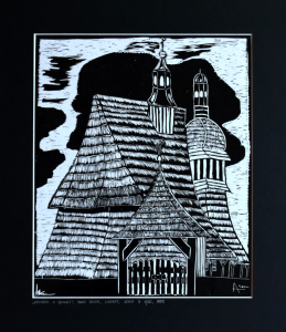 Grafika artystyczna na ścianę, Linoryt czarno-biały sygnowany 29,0 x 35,0 cm - KOŚCIÓŁEK W SĘKOWEJ