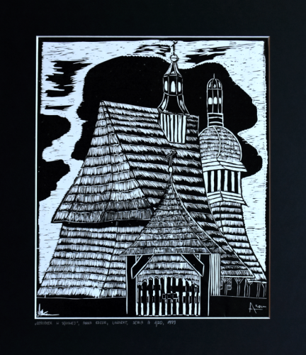Grafika artystyczna na ścianę, Linoryt czarno-biały, praca sygnowana, Kościółek w Sękowej.png