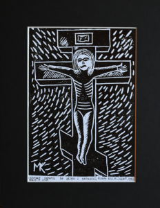 Grafika artystyczna na ścianę, Linoryt czarno-biały sygnowany 15,0 x 21,5 cm -  KAMIENNY CHRYSTUS NA KRZYŻU Z BARTNEGO