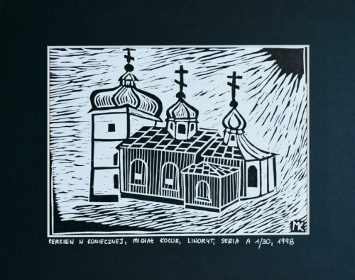 Grafika artystyczna na ścianę, Linoryt czarno-biały, sygnowany, Cerkiew w Koniecznej.png