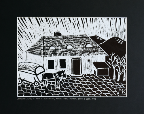 Grafika artystyczna na ścianę, Linoryt czarno-biały, praca sygnowana, Karczma - Zajazd w Ropie w 1932 rok.png