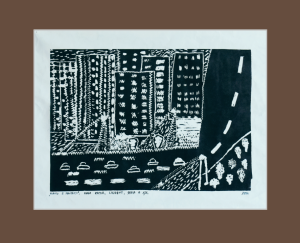 Grafika artystyczna na ścianę, Linoryt czarno-biały sygnowany 21,0 x 29,5 cm - MIASTO Z FANTAZJI