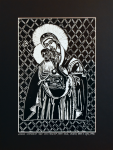 Grafika artystyczna na ścianę, Linoryt czarno-biały sygnowany 29,5 X 20,0 cm - SANOCKA CUDOTWÓRCZA IKONA MATKI BOSKIEJ