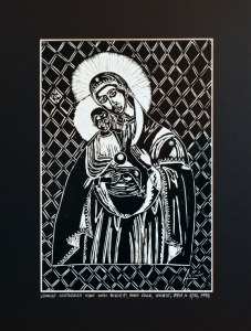 Grafika artystyczna na ścianę, Linoryt czarno-biały sygnowany 29,5 X 20,0 cm - SANOCKA CUDOTWÓRCZA IKONA MATKI BOSKIEJ