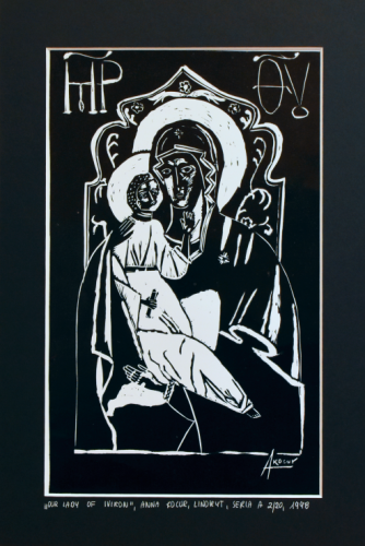 Grafika artystyczna na ścianę, Linoryt czarno-biały, praca sygnowana, Our Lady of Iviron.png