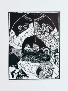 Grafika artystyczna na ścianę, Linoryt czarno-biały sygnowany 40,0 x 22,0 cm -  IKONA BOŻEGO NARODZENIA 