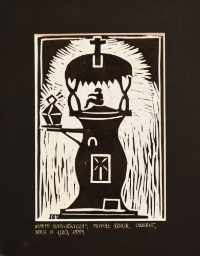 Grafika artystyczna na ścianę, Linoryt czarno-biały, praca sygnowana, Lampa Łukasiewicza.png
